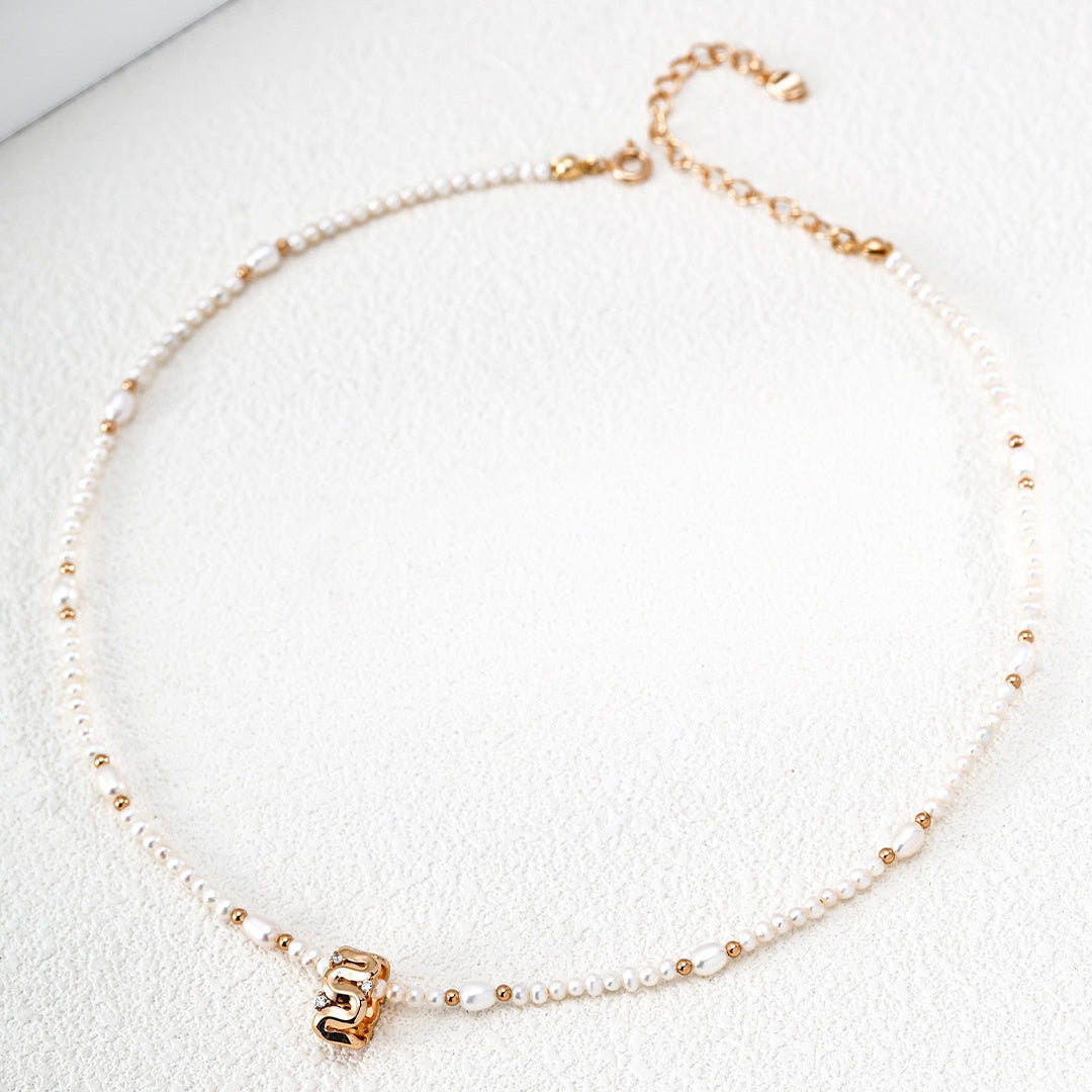 Wave Inlaid Zircon Freshwater Pearl Necklace