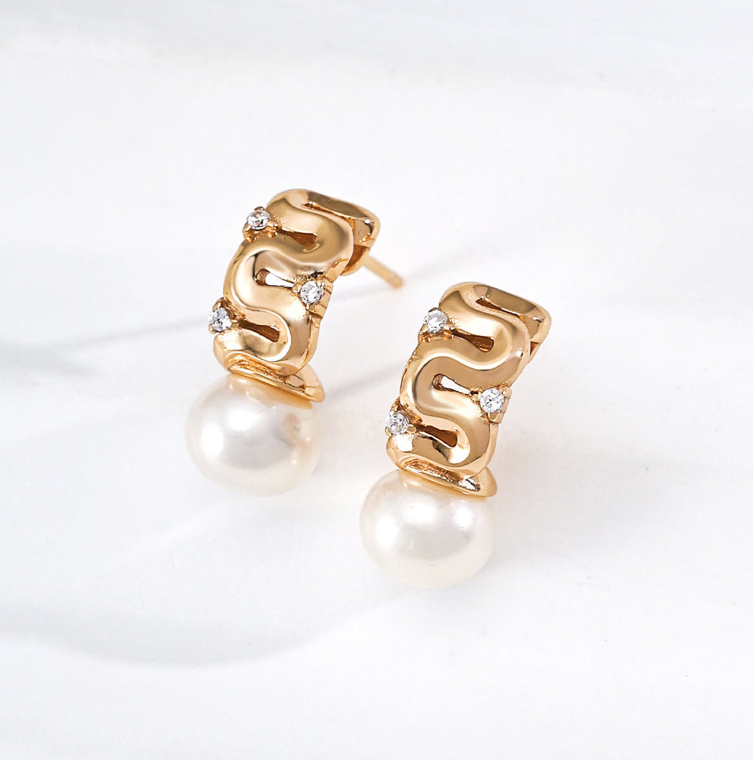 Wave Inlaid Zircon Freshwater Pearl Drop Earrings