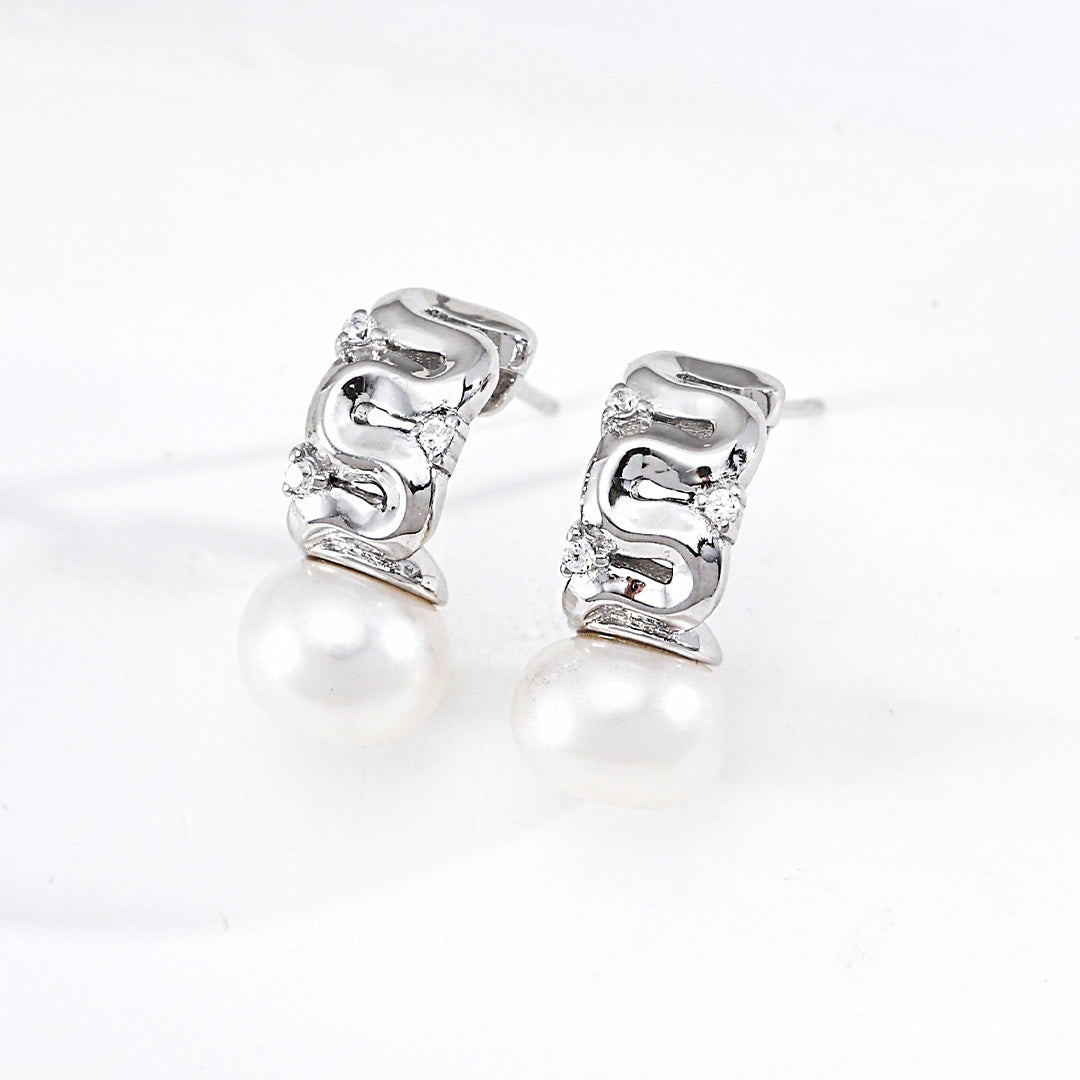 Wave Inlaid Zircon Freshwater Pearl Drop Earrings