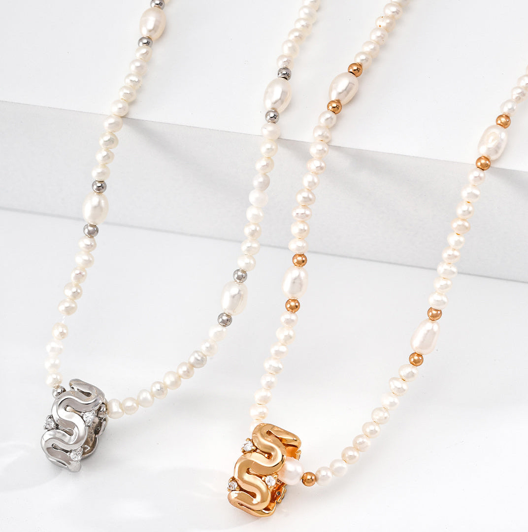 Wave Inlaid Zircon Freshwater Pearl Necklace
