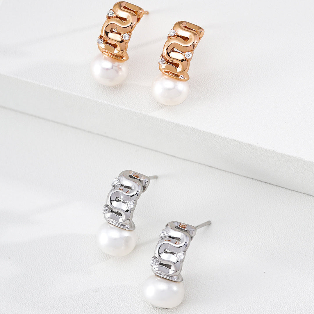 Wave Inlaid Zircon Freshwater Pearl Drop Earrings