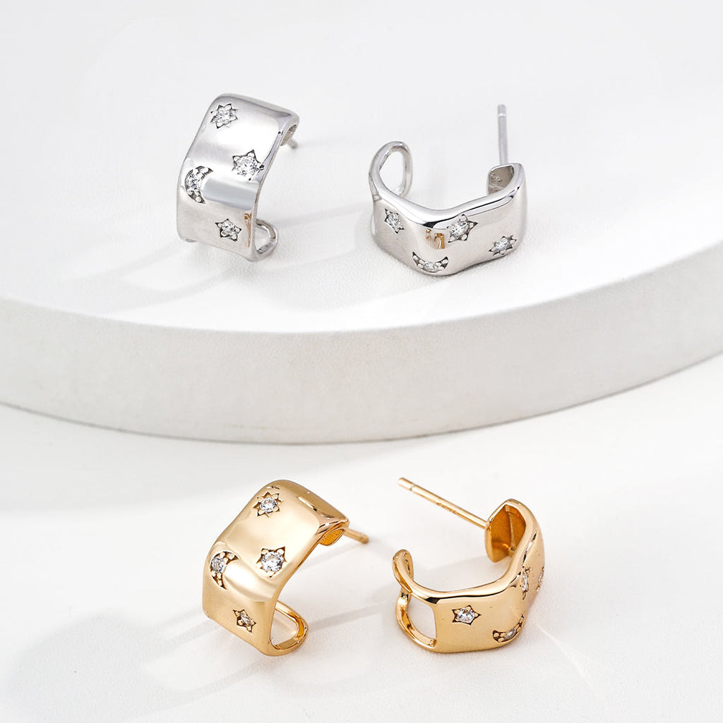 Celestial Moon Star Wavy C-Hoop Earrings
