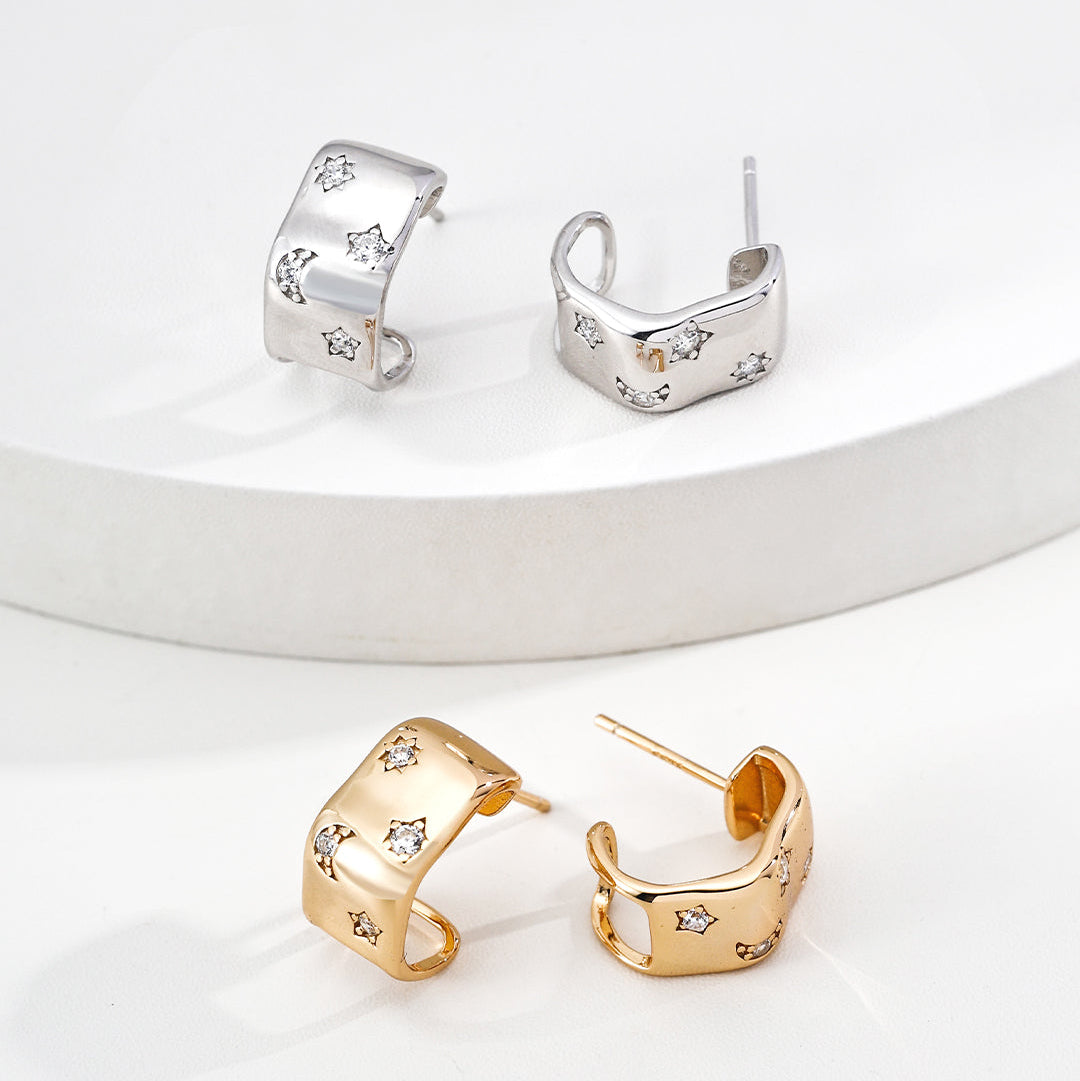 Celestial Moon Star Wavy C-Hoop Earrings