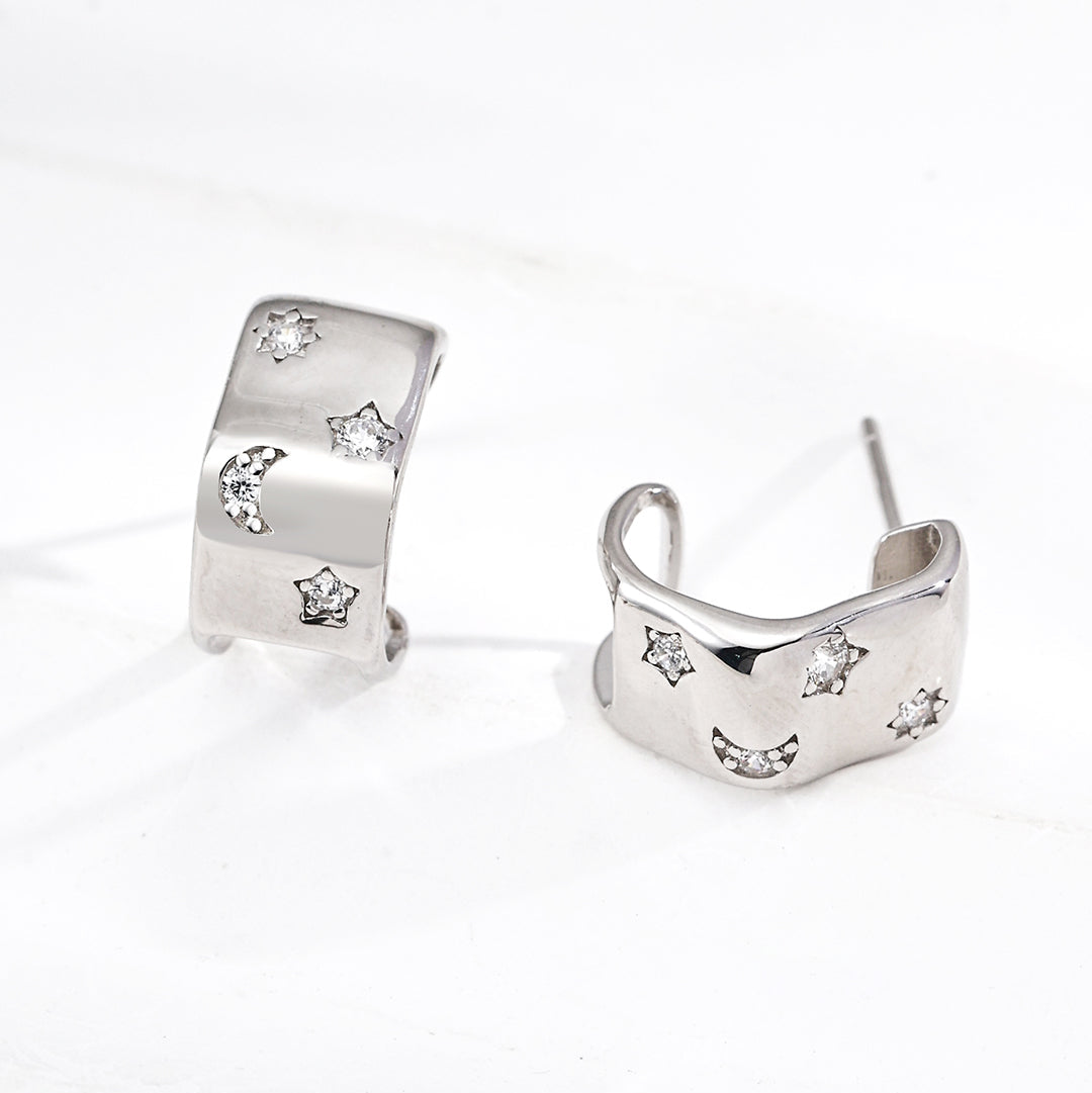 Celestial Moon Star Wavy C-Hoop Earrings