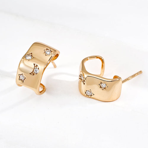 Celestial Moon Star Wavy C-Hoop Earrings