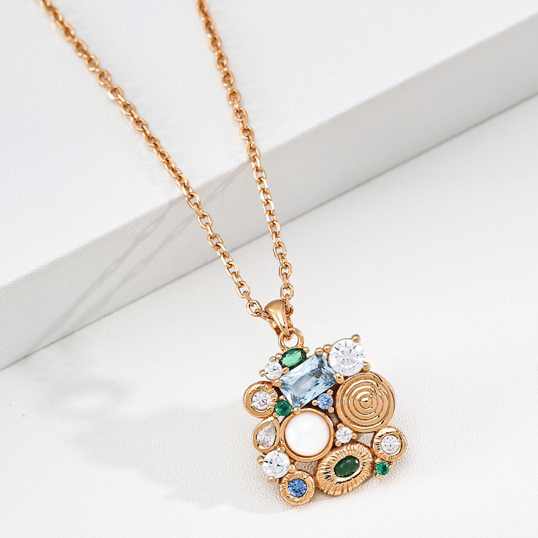 Mosaic Multi-Stone Gold Pendant Necklace