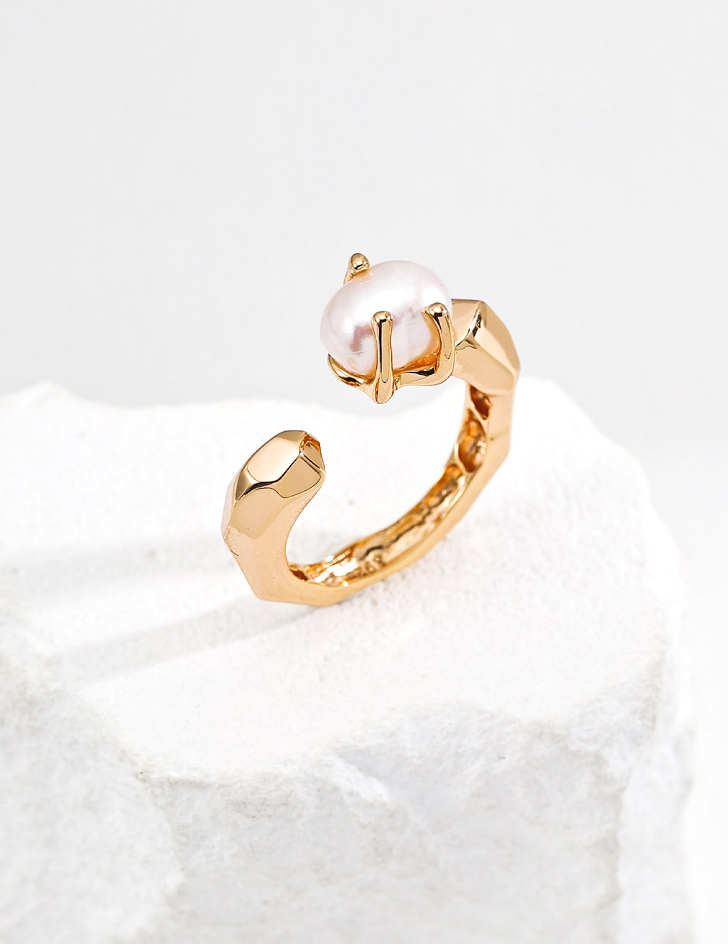 Geometric Faceted Baroque Pearl Adjustable Open Ring