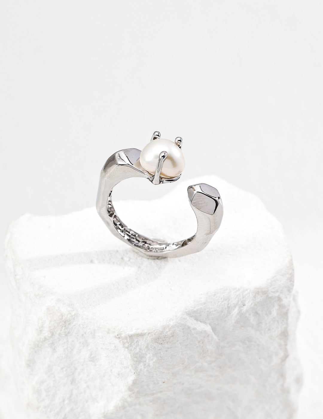 Geometric Faceted Baroque Pearl Adjustable Open Ring