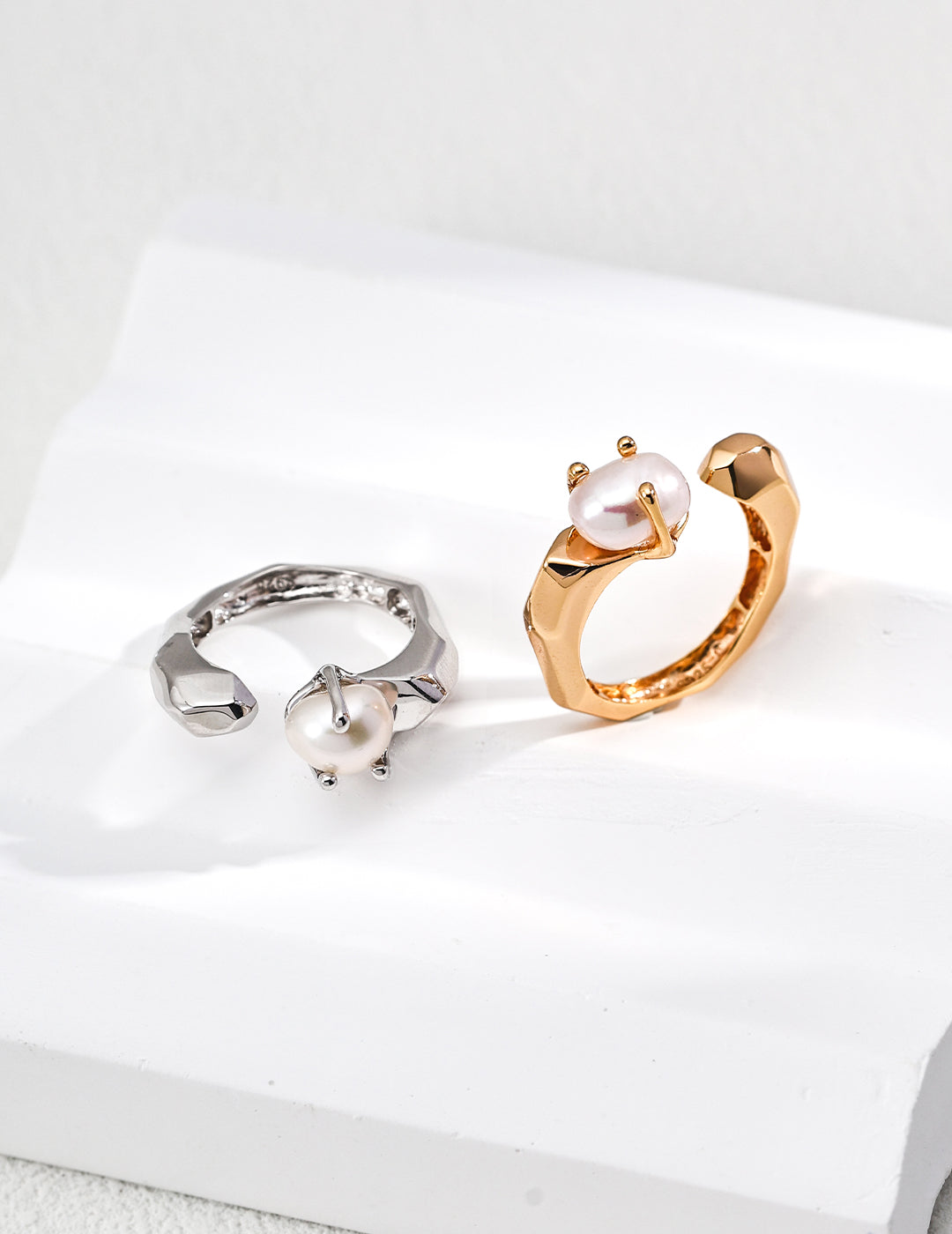 Geometric Faceted Baroque Pearl Adjustable Open Ring